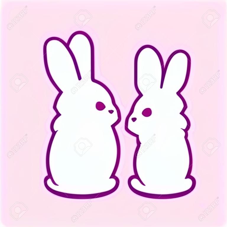 Conejos blancos de dibujos animados lindo sentado desde la vista posterior, dibujo simple. Ilustración de arte de clip de vector de colillas de conejito kawaii.