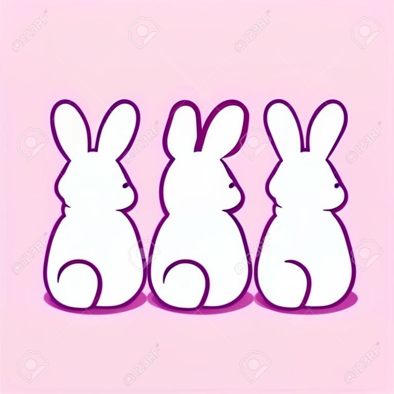 Kreskówka białe króliki siedząc z tyłu, prosty rysunek. Kawaii bunny niedopałki wektor clipart ilustracja.