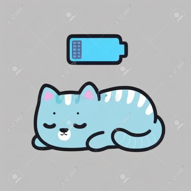 Cute cartoon kitten taking power nap with charging battery. Kawaii sleeping cat drawing, vector illustration.