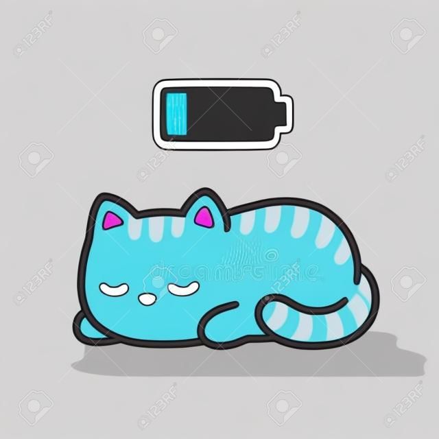 Kotek kreskówka biorąc drzemkę z ładowaniem baterii. Kawaii śpi kot rysunek, ilustracji wektorowych.