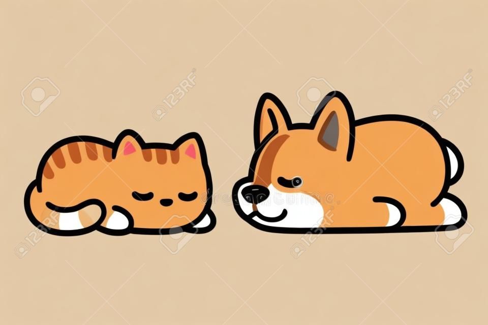Cute cartoon corgi puppy and ginger kitten sleeping together. Adorable sleeping cat and dog drawing, vector illustration.