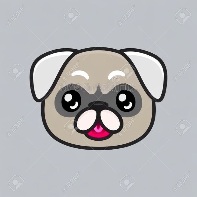 Cute cartoon pug face with tongue sticking out. Kawaii dog portrait drawing, vector clip art illustration.