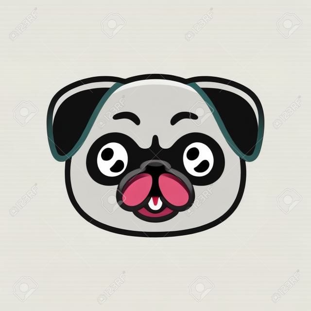 Cute cartoon pug face with tongue sticking out. Kawaii dog portrait drawing, vector clip art illustration.