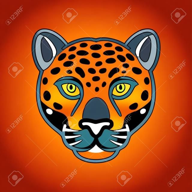 Testa di giaguaro o leopardo del fumetto. Simbolo della faccia di gatto grande selvaggio, mascotte o logo. Illustrazione vettoriale isolata.
