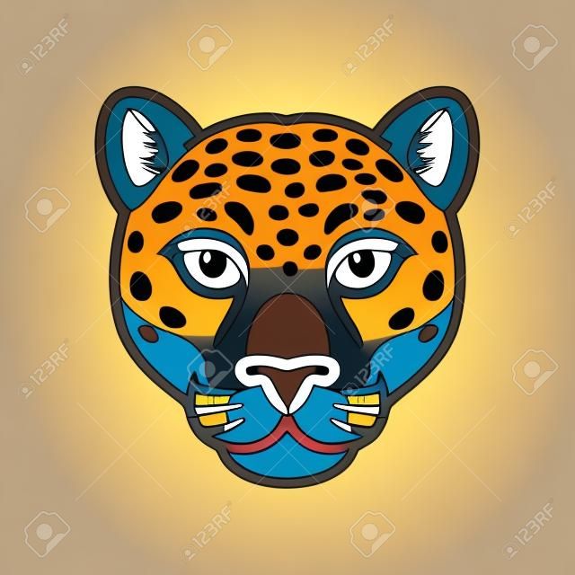 Kreskówka głowa jaguara lub lamparta. dziki duży kot twarz symbol, maskotka lub projekt logo. ilustracja wektorowa na białym tle.