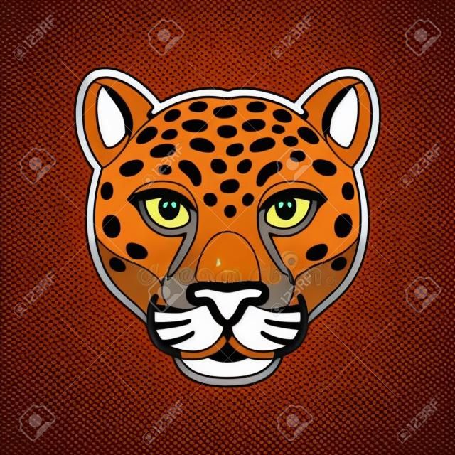 Testa di giaguaro o leopardo del fumetto. Simbolo della faccia di gatto grande selvaggio, mascotte o logo. Illustrazione vettoriale isolata.