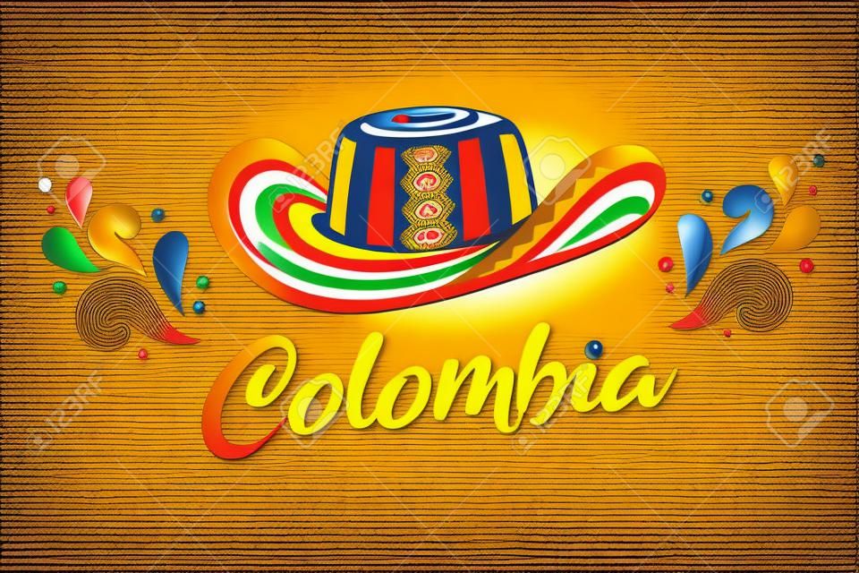 Sombrero Vueltiao, tradizionale cappello colombiano con scritta Colombia. Illustrazione di clip art vettoriale.