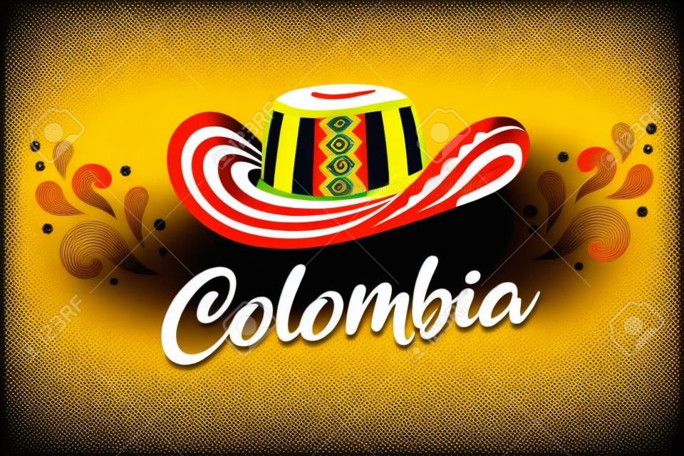 Sombrero Vueltiao, tradizionale cappello colombiano con scritta Colombia. Illustrazione di clip art vettoriale.