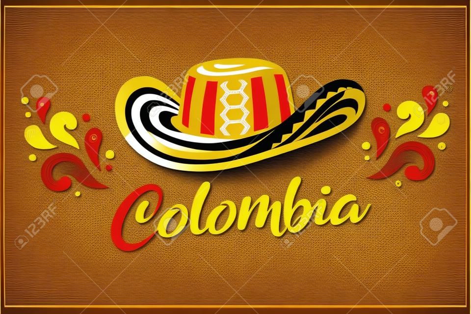 Sombrero Vueltiao, traditionele Colombiaanse hoed met tekstschrift Colombia. Vector clip kunst illustratie.