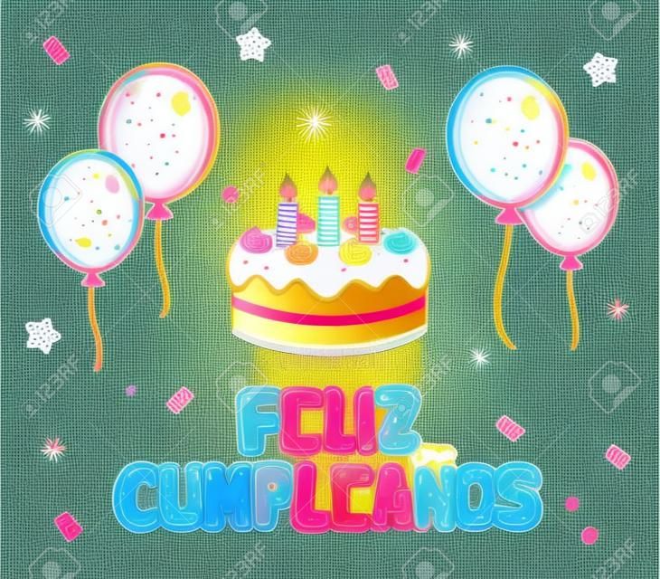 Feliz Cumpleaños, Feliz Cumpleaños En Español. Tarjeta De Felicitación De  Dibujos Animados Con Pastel De Cumpleaños, Globos Y Confeti. Lindo Dibujo  De Fideos, Ilustración Vectorial. Ilustraciones svg, vectoriales, clip art  vectorizado libre