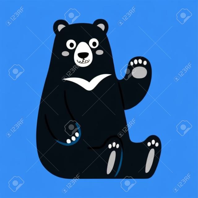 Ours noir d'Asie, ou ours de lune, assis et agitant. Personnage de dessin animé mignon, mascotte kawaii drôle. Illustration vectorielle isolée.