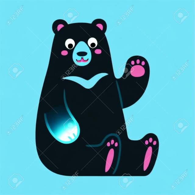 Asian black bear, or moon bear, sitting and waving. Cute cartoon character, funny kawaii mascot. Isolated vector illustration.