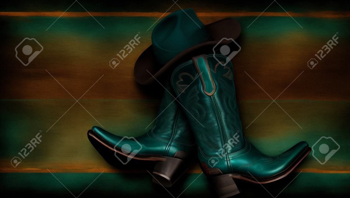 teal and burnt red cowboy boots laying criss crossed with a brown hat in the center of a teal, black and tan background with copy space