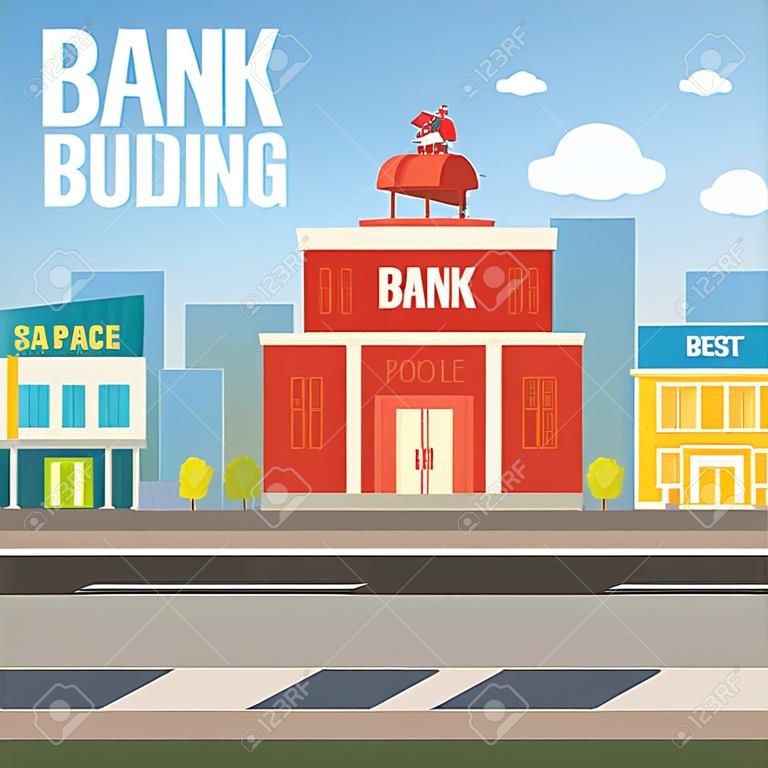 bank building in city space with road on flat syle background
