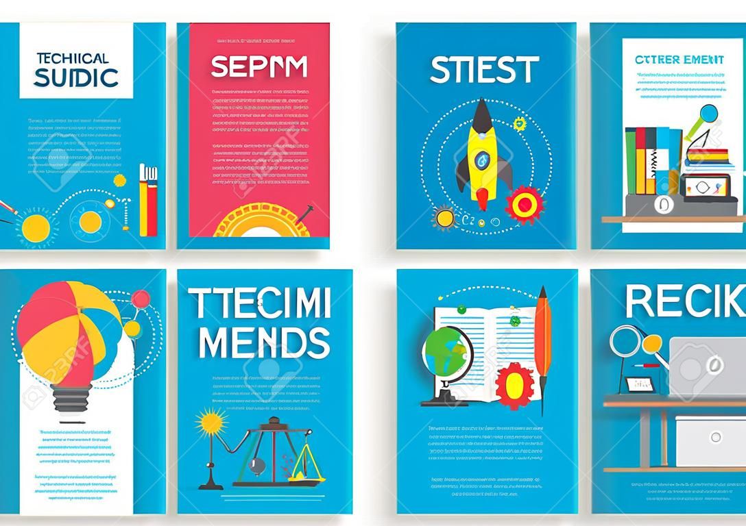 Technical minds brochure cards set. physics and mathematics template of flyer, magazine, poster, book cover, banners. workshop equipment invitation concept background. Layout illustrations modern