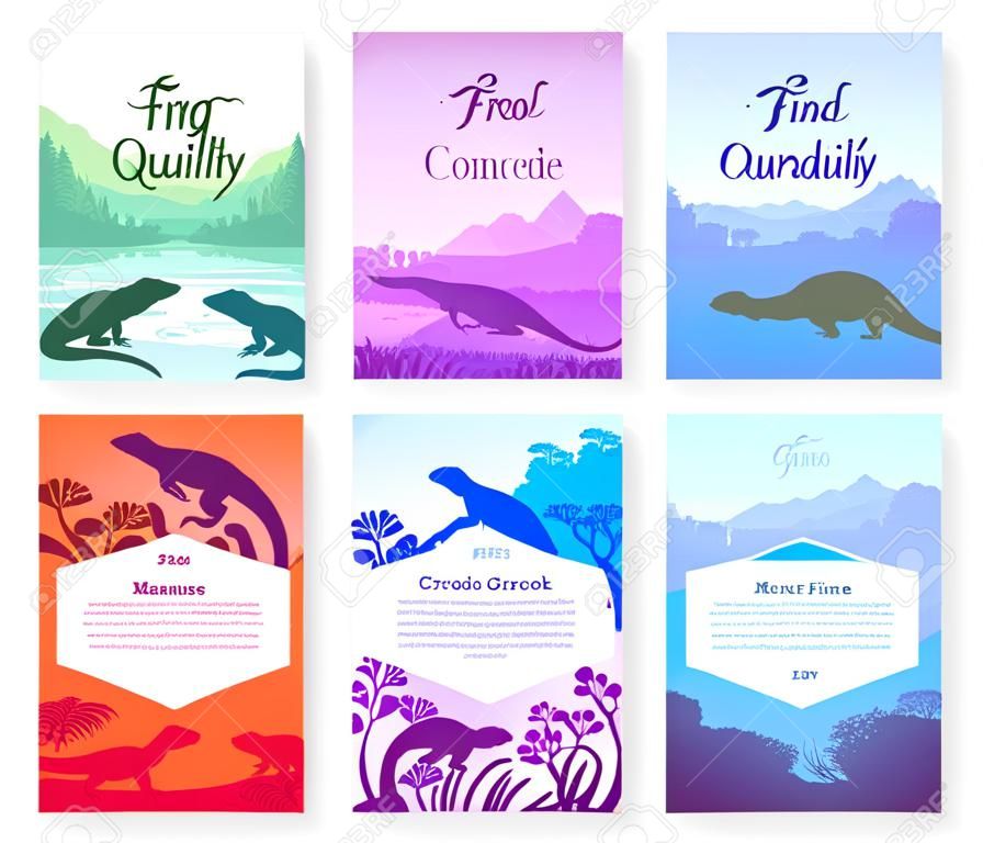 Brochures with varieties of reptiles. Animals in their habitat. Flyers with wild animals in nature. Template of magazines, poster, book cover, banners. Landscape invitation