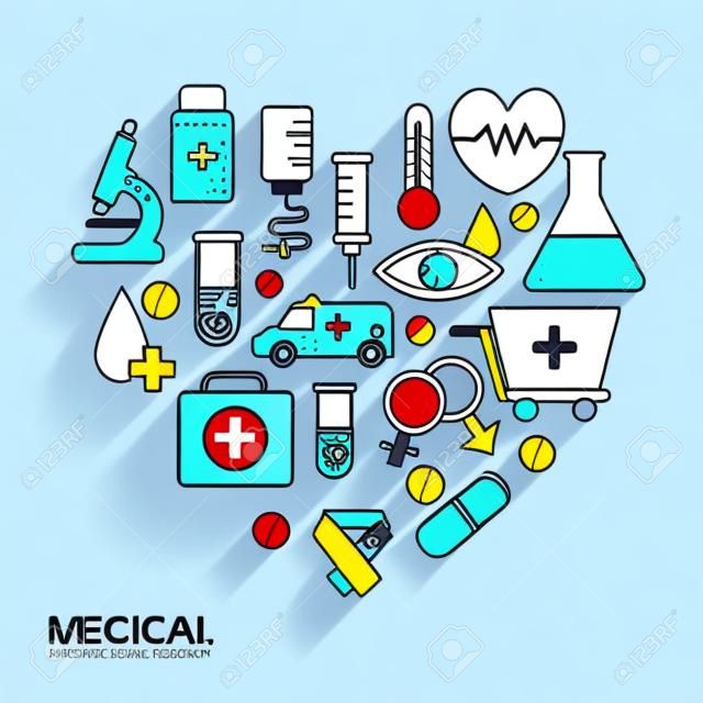 Płaski sprzęt medyczny ustawiony w kształcie serca ikony koncepcja tło wektor ilustracja projekt dla szablonu sieci web i mobile