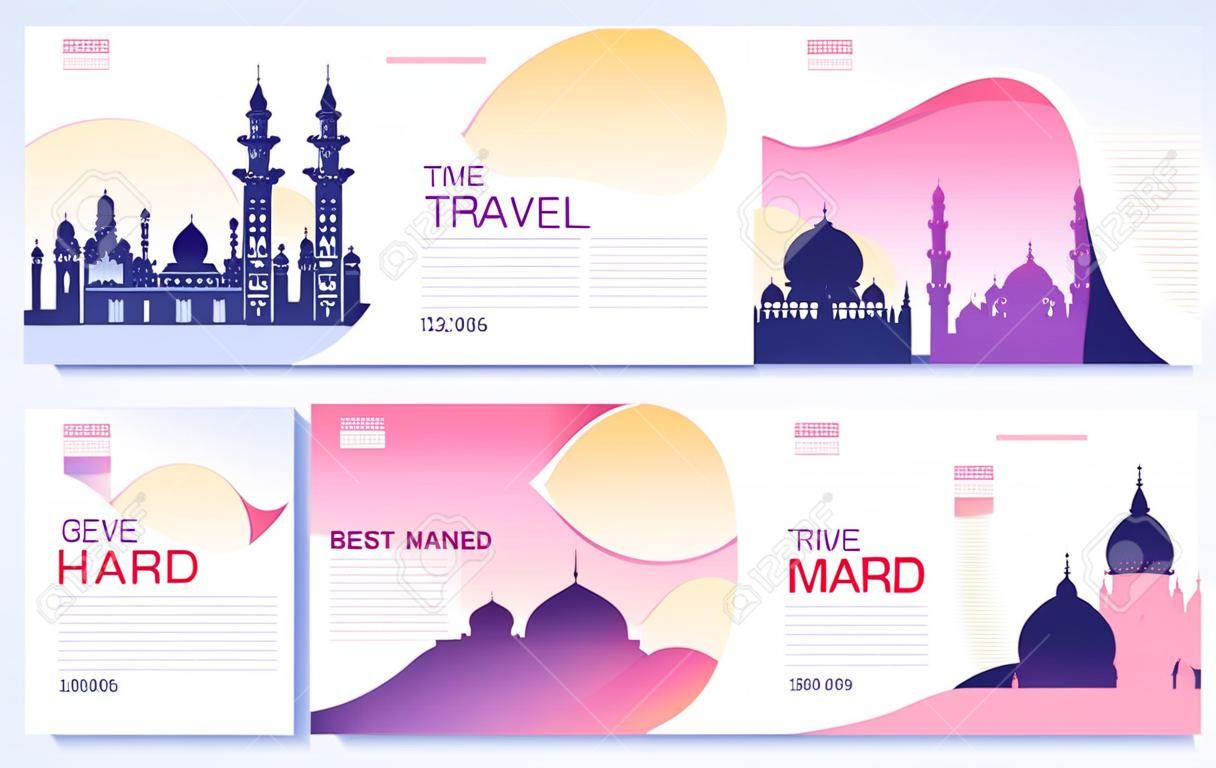 Travel information brochure card set. Landscape Ã±ountry Malaysia, Africa, Israel, Spain of template of flyear, web banner, ui header, enter site. Layout invintation modern slider
