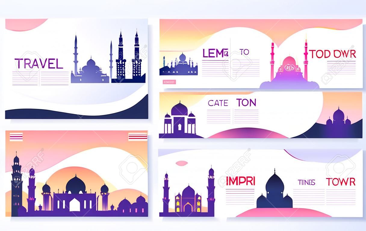 Travel information brochure card set. Landscape Ã±ountry Malaysia, Africa, Israel, Spain of template of flyear, web banner, ui header, enter site. Layout invintation modern slider