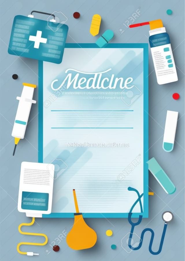 薬用情報カードセット。チラシ、雑誌、ポスター、ブックカバー、バナーの医療テンプレート。臨床インフォグラフィックコンセプトの背景。レイアウトイラストのモダンページ