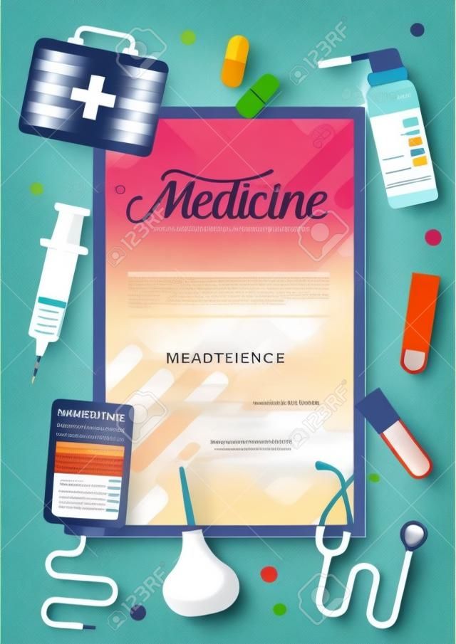 薬用情報カードセット。チラシ、雑誌、ポスター、ブックカバー、バナーの医療テンプレート。臨床インフォグラフィックコンセプトの背景。レイアウトイラストのモダンページ