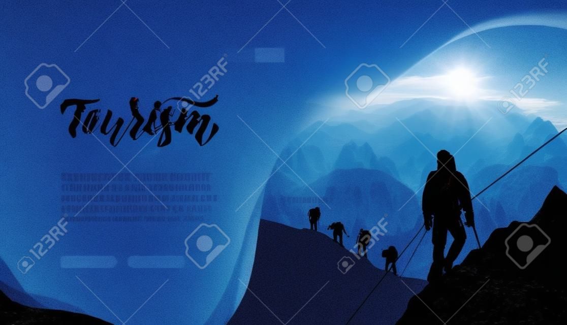 Silhouettes of people with tourist outfits climbing to mountain. Group of alpinists conquering a peak, hiking, trekking. Concept of adventure in nature, outdoor recreation, sport lifestyle. Copy space