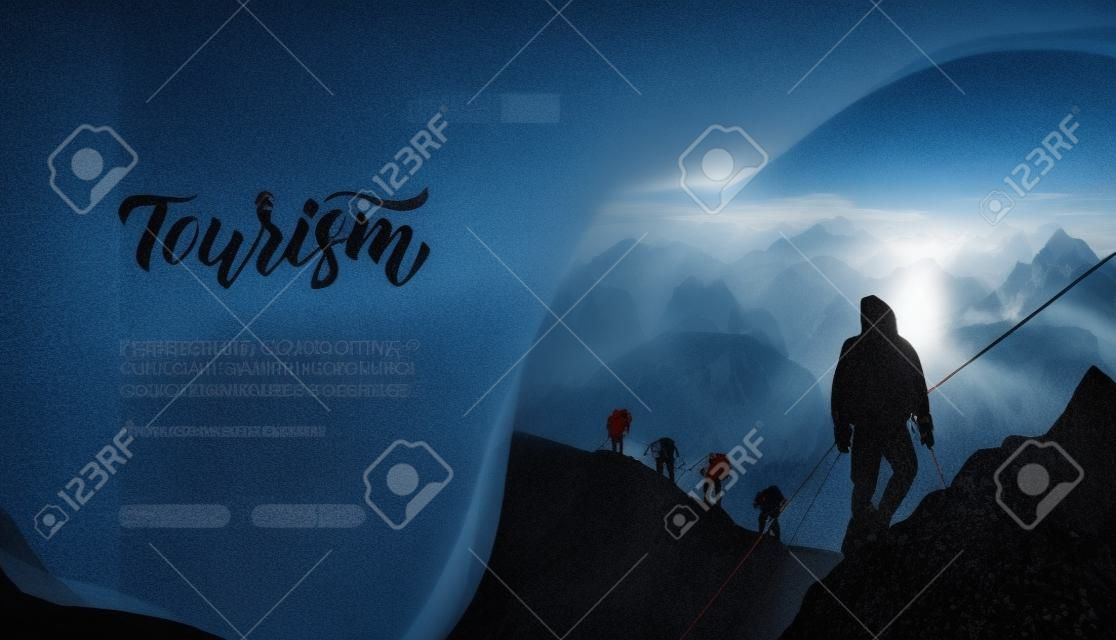 Silhouettes of people with tourist outfits climbing to mountain. Group of alpinists conquering a peak, hiking, trekking. Concept of adventure in nature, outdoor recreation, sport lifestyle. Copy space