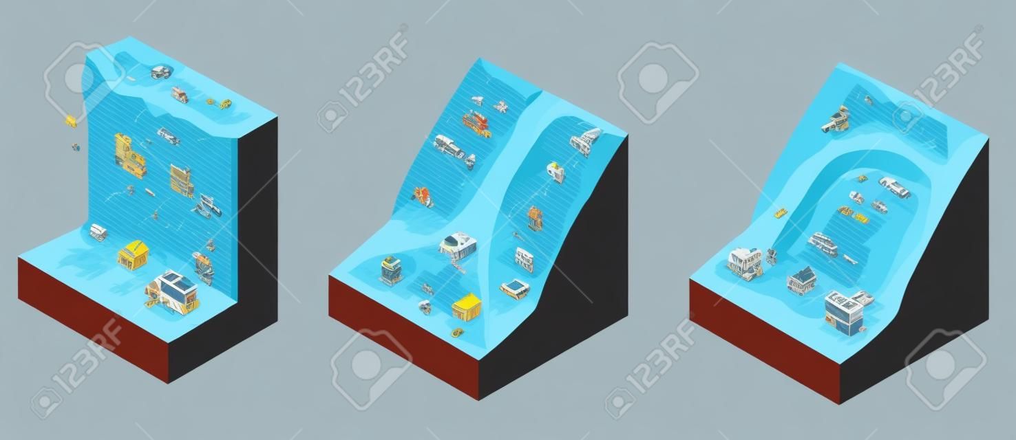 Types and structures of Debris flow disasters Isometric illustrations