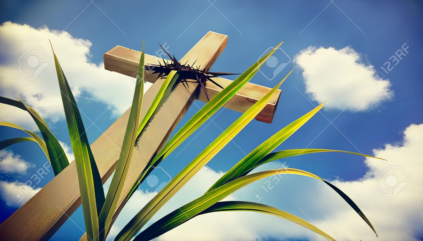 Lent,Holy Week and Good Friday concepts - photo of wooden cross raise up with sky background