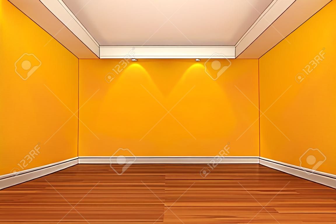 空房間家居室內裝飾呈現黃色牆面鋪有木地板。