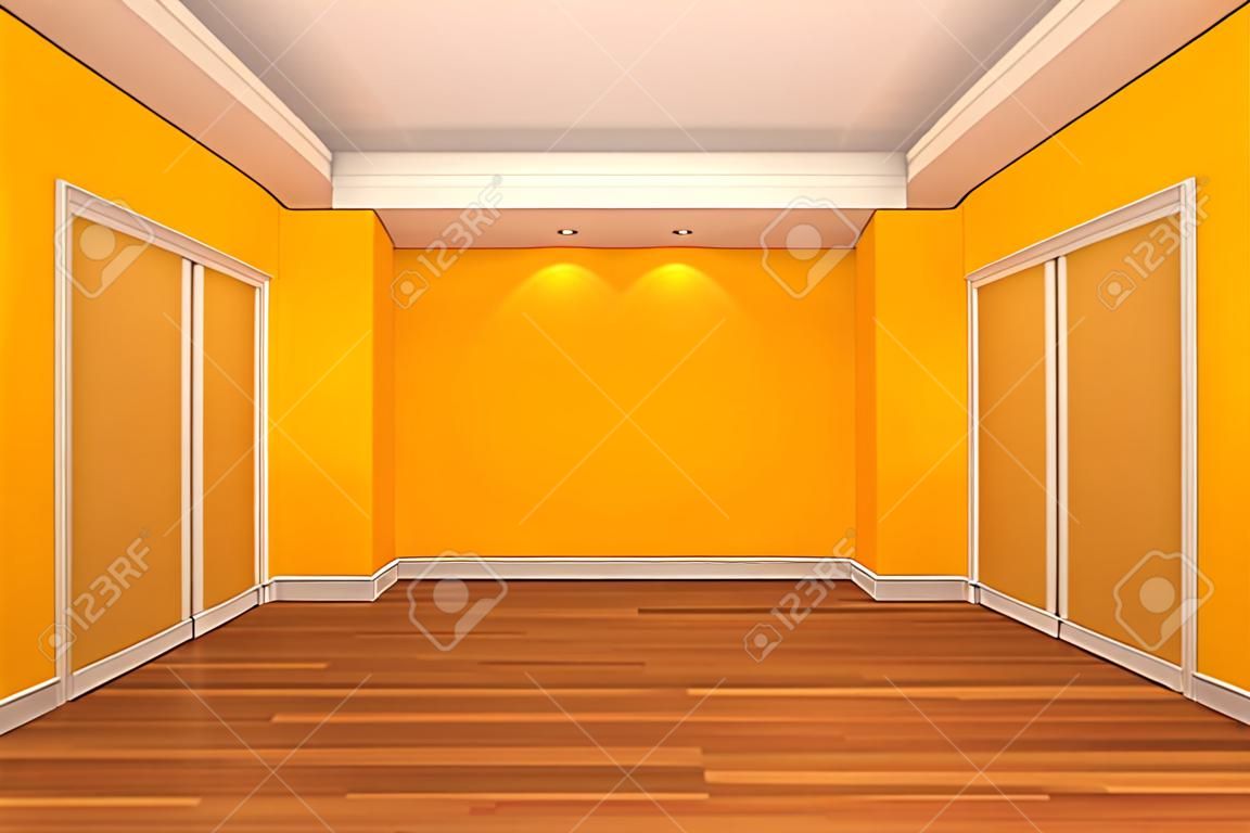 空房間家居室內裝飾呈現黃色牆面鋪有木地板。