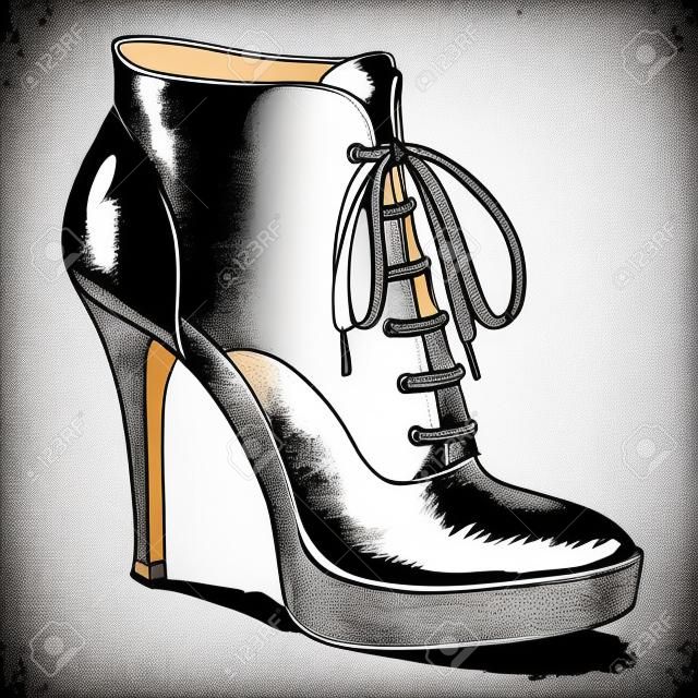 disegno di stivali di tacco alto scarpe moda donna in inchiostro incisione stile vintage vettoriale