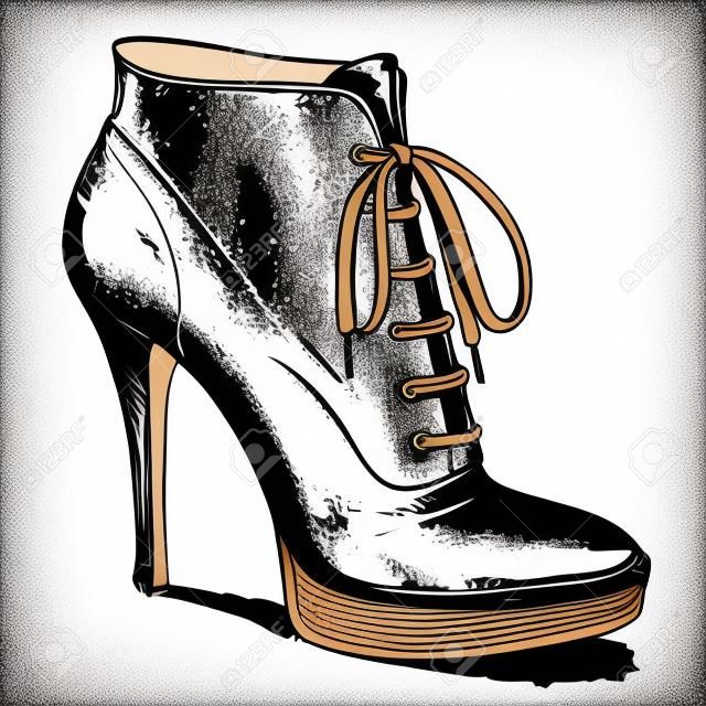 desenho vetorial de mulher moda sapatos de salto alto botas em tinta gravura estilo vintage
