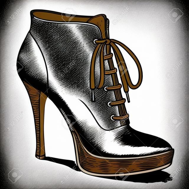 векторный рисунок женщины моды высоком каблуке ботинки в стиле старинных чернил гравировки