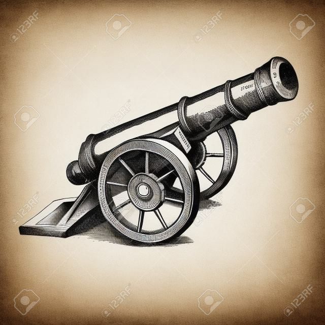 Vector ancient cannon vintage ink engraving illustration arm weapon hand drawn doodle sketch