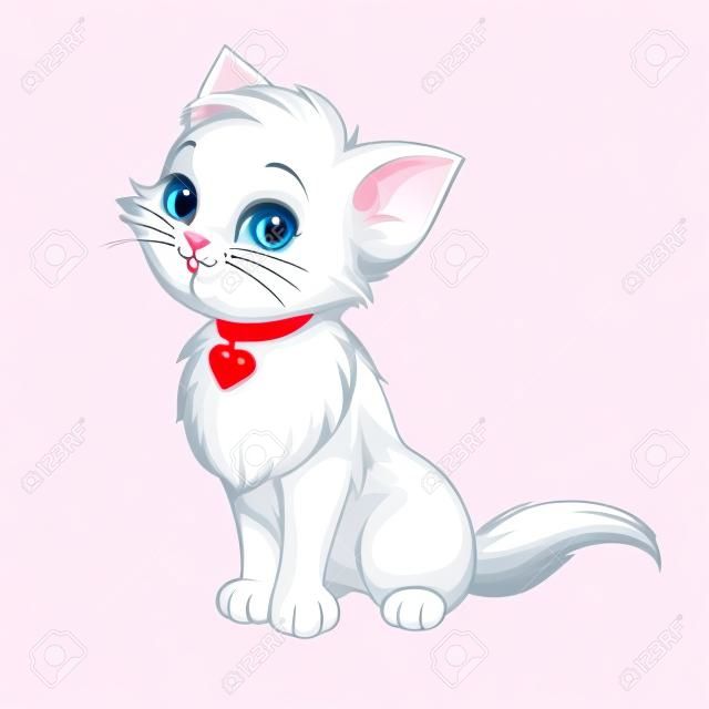 Weiße Katze Cartoon-Vektor niedlich glücklich lächelnde Spaß Charakter Katze mit rot, rosa Herz Illustration isoliert auf weißem Hintergrund