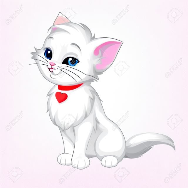Weiße Katze Cartoon-Vektor niedlich glücklich lächelnde Spaß Charakter Katze mit rot, rosa Herz Illustration isoliert auf weißem Hintergrund