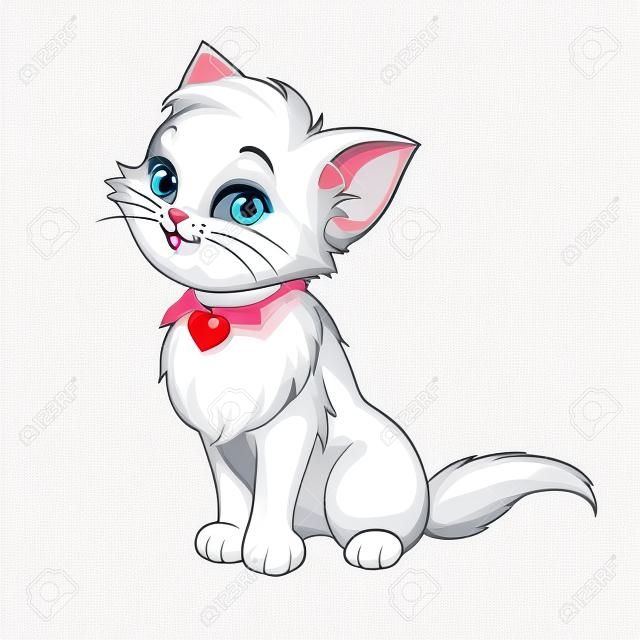 Vector happy cute fun white kitten cartoon smiling character cat with red pink heart illustration isolated on white background