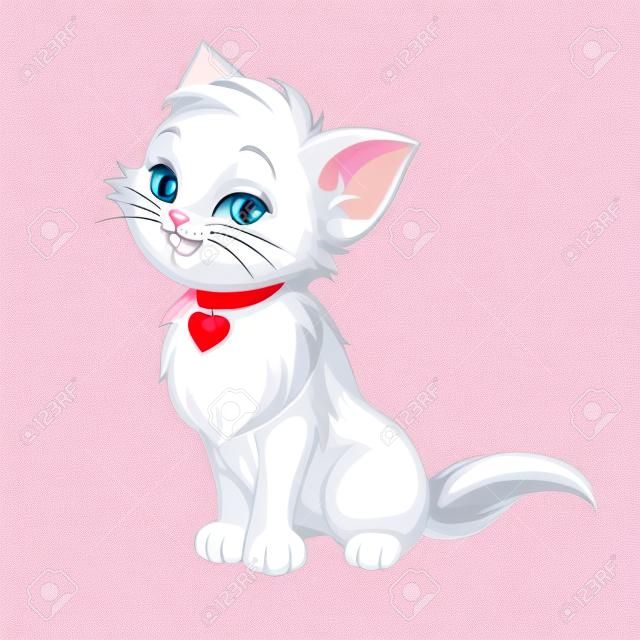 Vector gelukkig schattig leuk wit kitten cartoon glimlachende karakter kat met rood roze hart illustratie geïsoleerd op witte achtergrond