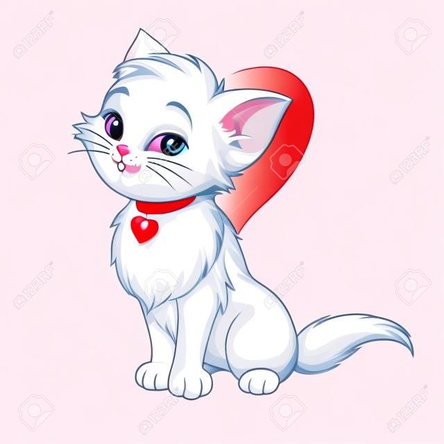 Weiße Katze Cartoon-Vektor niedlich glücklich lächelnde Spaß Charakter Katze mit rot, rosa Herz Illustration isoliert auf weißem Hintergrund