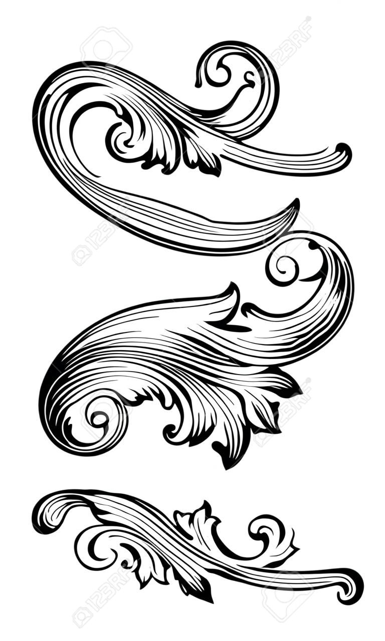 Vintage baroque floral scroll définir ornement feuillage gravure filigrane élément de conception vecteur de style rétro