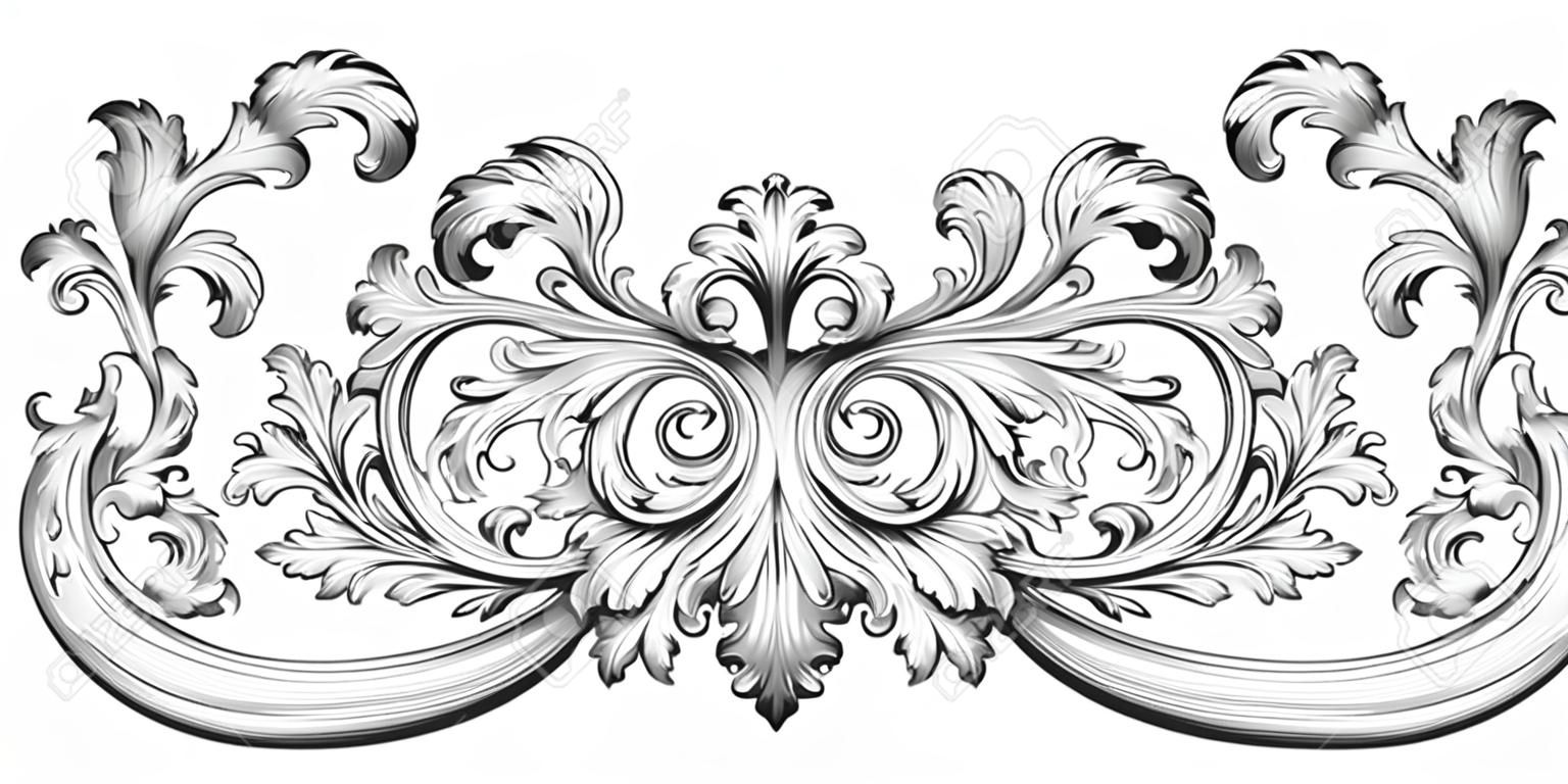 Vintage barocco foglia telaio scroll confine incisione ornamento floreale modello retrò antichi ricciolo stile decorativo esempio filigrana bianco e nero di vettore