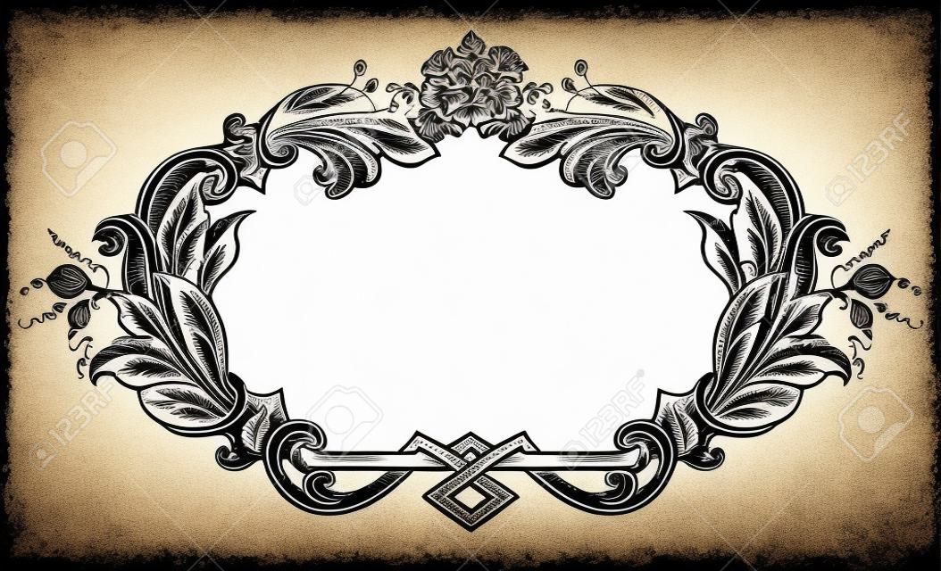 Vintage Barok Victoriaans frame rand monogram bloemen ornament blad scroll gegraveerd retro bloem patroon decoratieve design tattoo zwart en wit filigraphic vector heraldisch schild swirl