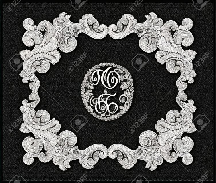 Archiwalne barokowy Victorian ramki granicy monogram kwiatowy ornament liści przewijania wygrawerowany retro kwiatowy wzór ozdobny tatuaż czarno-biały filigran kaligrafii wektor tarczy herbowej wirować