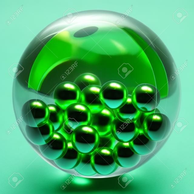 Glazen bal van groene kleur met kleine ballen naar binnen.