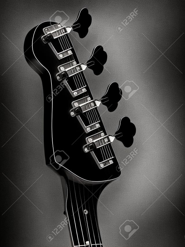 Schwarz-Weiß-Foto von einem Bass-Gitarren-Kopfplatte auf schwarzem Hintergrund.