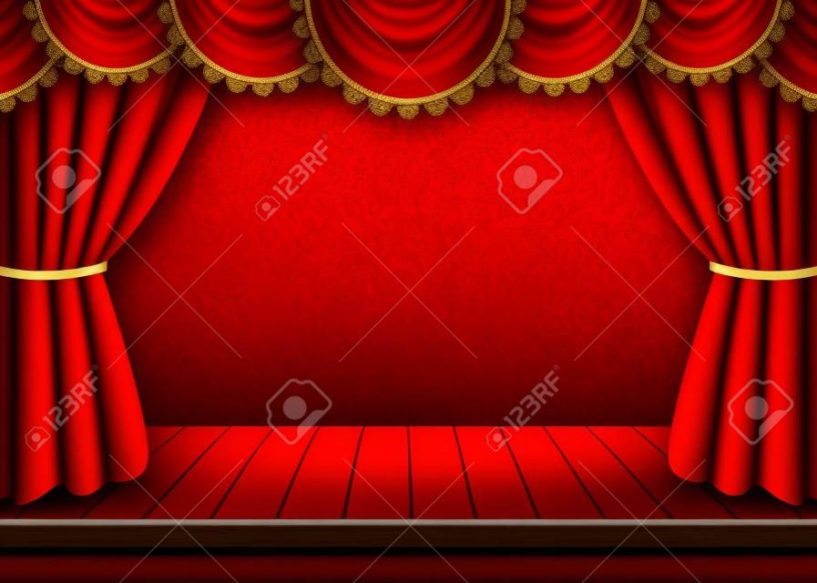 Red curtains and wooden stage background