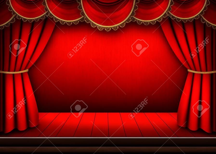 Red curtains and wooden stage background