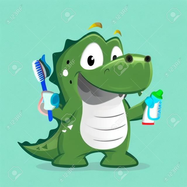 鳄鱼或鳄鱼持牙刷和牙膏