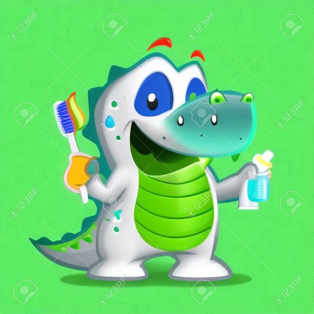 Krokodil of alligator die tandenborstel en tandpasta vasthoudt
